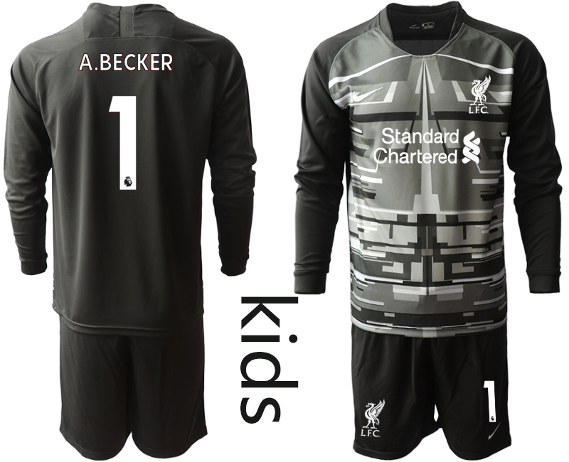 Youth 2020-2021 club Liverpool black long sleeved Goalkeeper #1 Soccer Jerseys